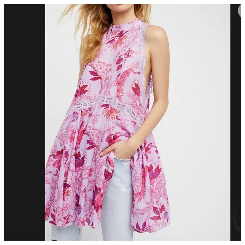 FREE PEOPLE Printed She Moves Chemise Mini Dress in Purple Sz XS Oversized